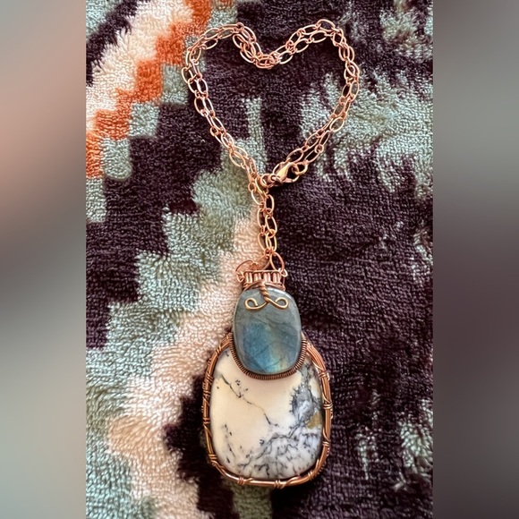 ❤️ Large Dendrite Opal & Howlite Copper Wire Pendant & Paperclip Chain - Picture 12 of 12